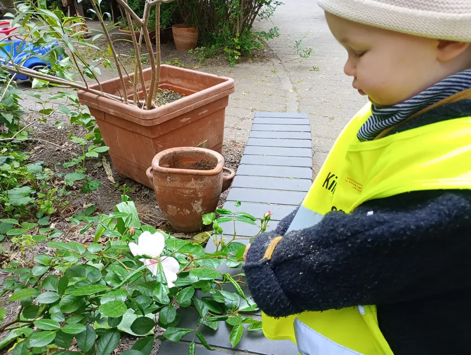 Ein Kind in Warnweste betrachtet Blumen an einem Topf